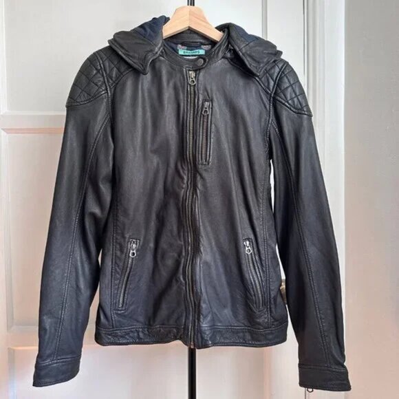 Scotch & Soda Black Leather Hooded Zip Moto Biker Jacket RARE Small - Picture 1 of 12
